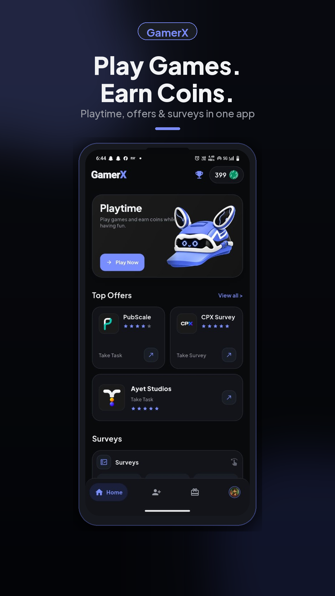 GamerX App Home Interface